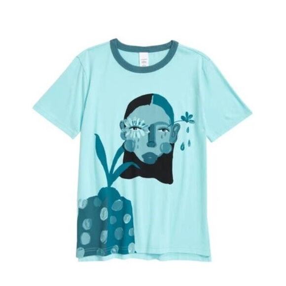 Nordstrom Cristina Martinez Toddler Girl Teal Smiling Portrait Tee Kids Size 3 - Picture 1 of 1